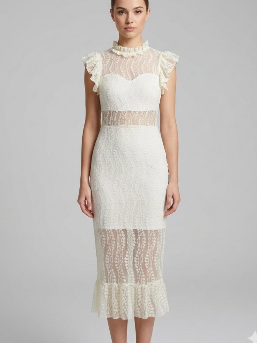 Lucy Wang Heartache Tonight Lace Dress Ivory Ruffle Midi S/XS Romantic Coquette